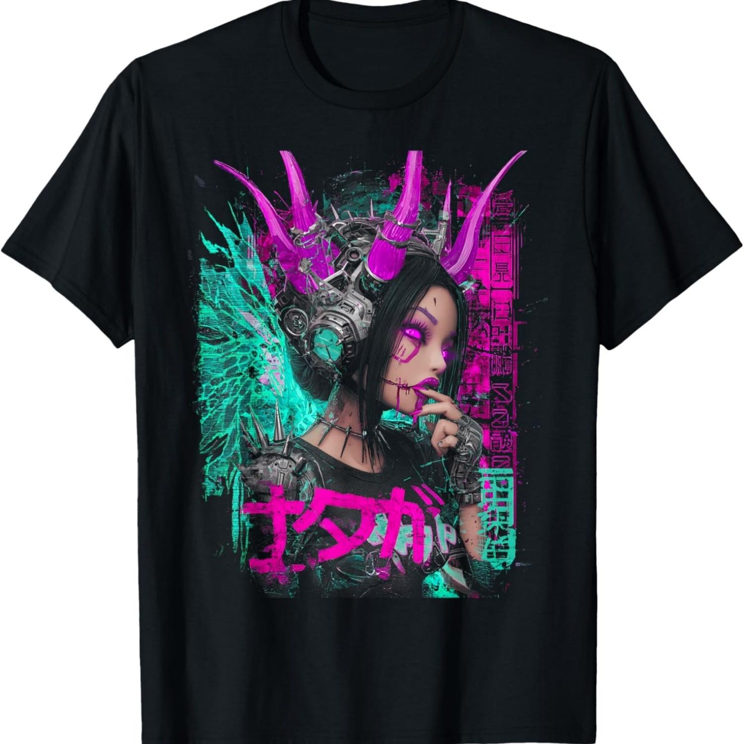 Cyberpunk Girl Glitchcore Anime Futuristic Vaporwave T-Shirt S чёрный