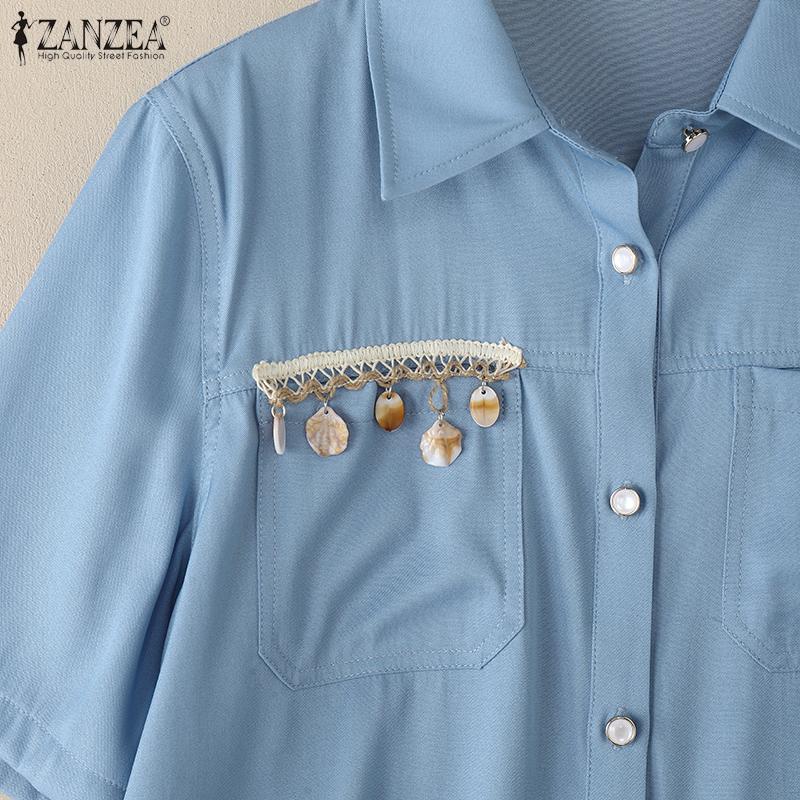 ZANZEA Women Summer Turn Down Collar Casual Short Sleeve Blouse