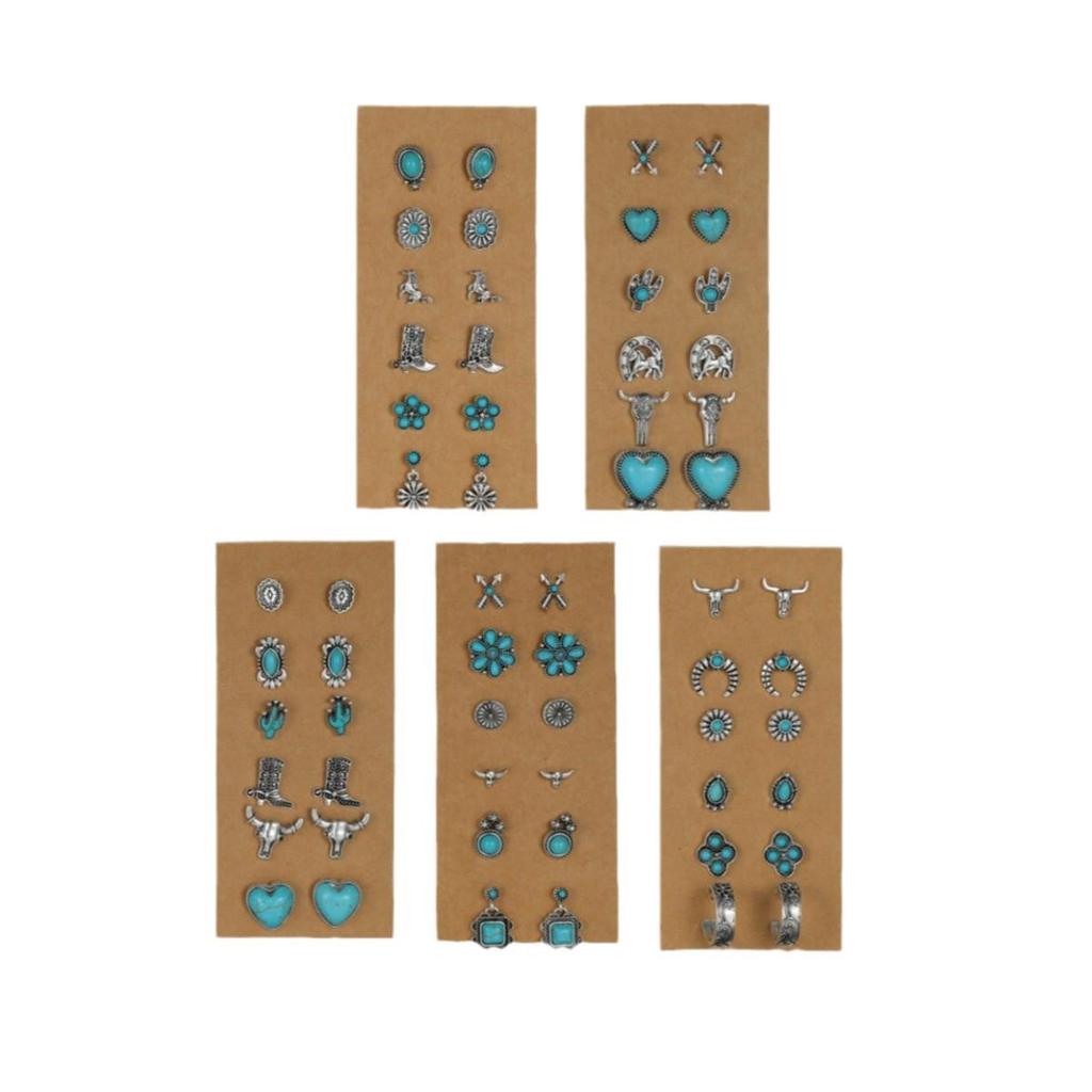 Retro Ethnic Turquoise Flower Cowboy Hat & Cactus Earrings Set – Ideal for Commuting
