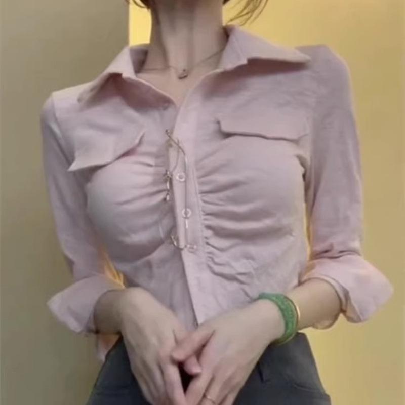 Women's High-End Long-Sleeve Shirt - Unique Waist-Cinching, Navel-Baring Chic Top for Autumn/Spring