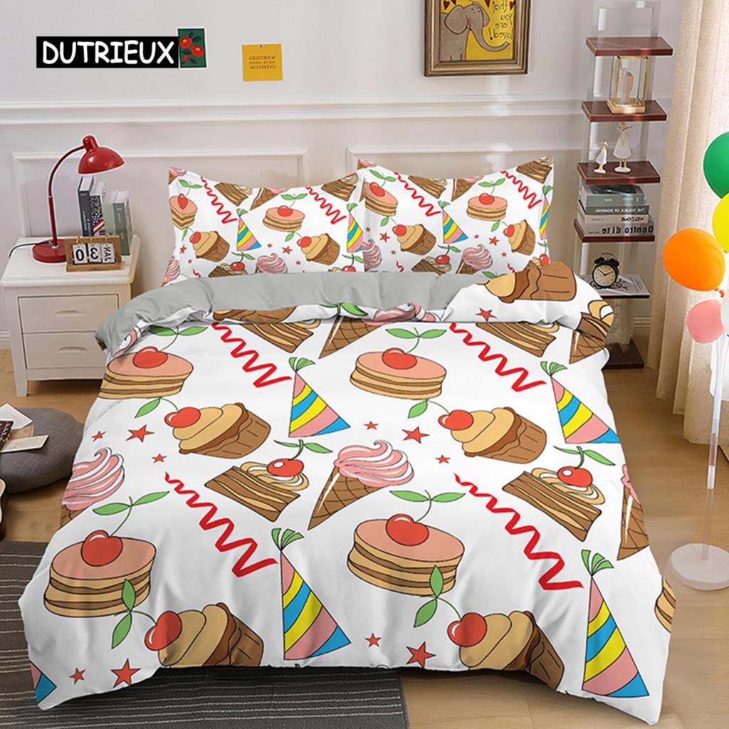Kreskówkowy Król Królowa Poszwa na Kołdrę Deser Babeczka Lody Zestaw Pościeli Dziecko Szczęśliwe Urodziny Poliestrowa Poszwa na Kołdrę Prezenty dla Dzieci