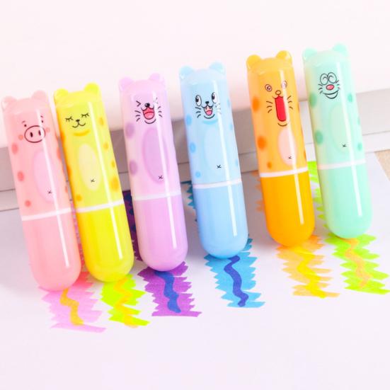 6Pcs Chisel Tip Highlighter Marker, Cute Marker Pen, Cartoon Macaron Highlighter No-Bleed Ink Markers for Journaling, Planners, and Office Documents