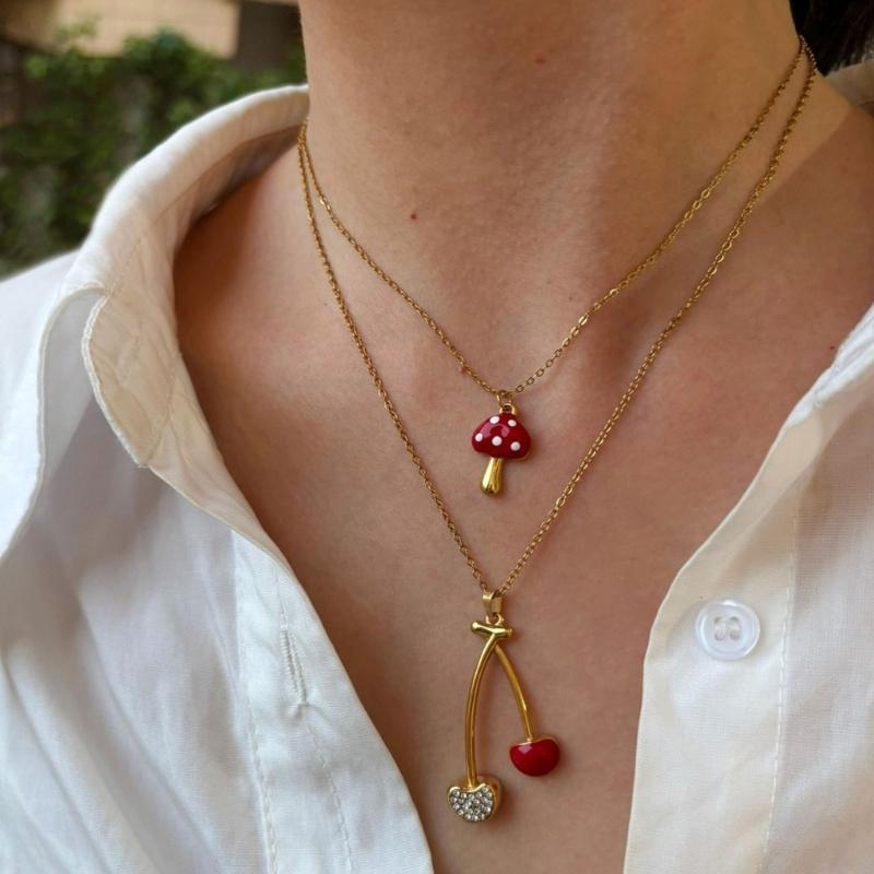 Simple Cherry Mushroom Drop Oil Pendant Neckchain Stainless Steel Layering Necklace Jewelry For Women Daily Wear