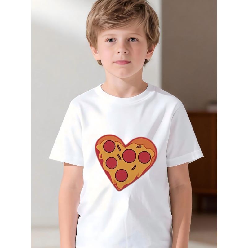 

European Size Boys T-shirt with Creative Heart-Shaped Pizza Print, Fashionable and Cute Summer Breathable Top 164cm білий