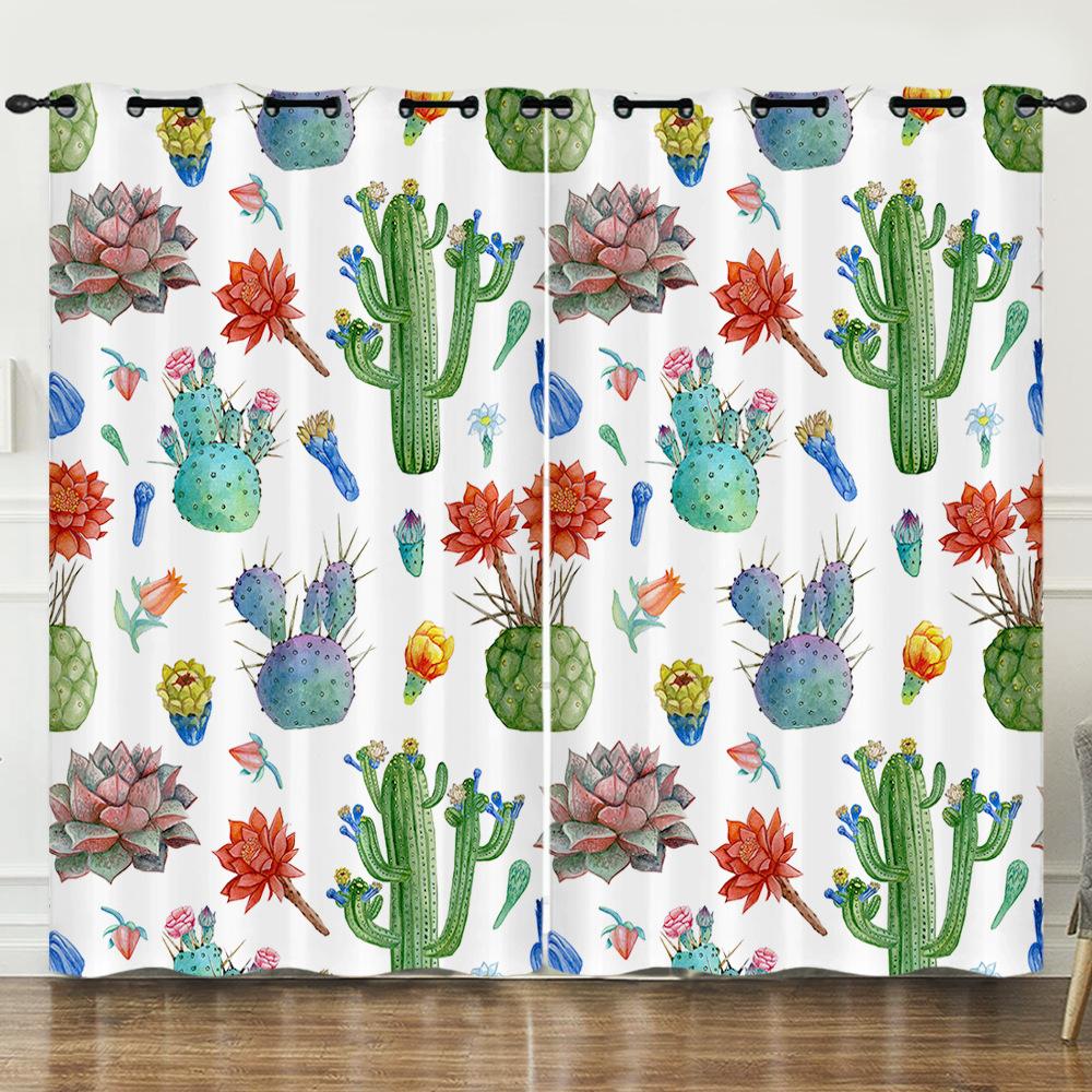 Curtains Fresh Green Plants Hand-Painted Cactus 3D Digital Printing Blackout Curtain Punching