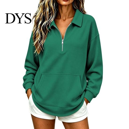 Casual Waffle Sweatshirt Women Half-zip Sweatshirt, Long Sleeve Pullover Top with Kangaroo Comfortable Pockets Pocket, Loose Fit Lapel for Fall Winter
