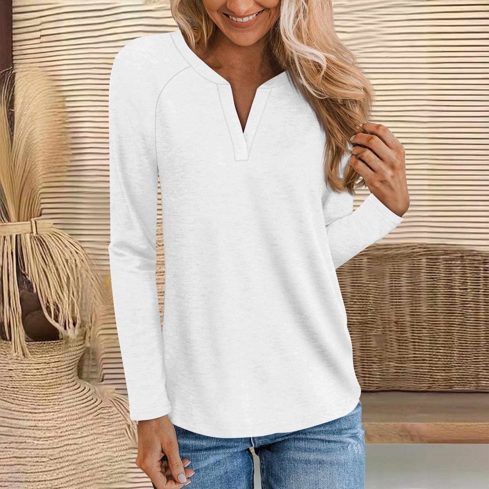 

Женская мода однотонный длинный рукав рукав плунжер V-образный вырез повседневный топ XL белый