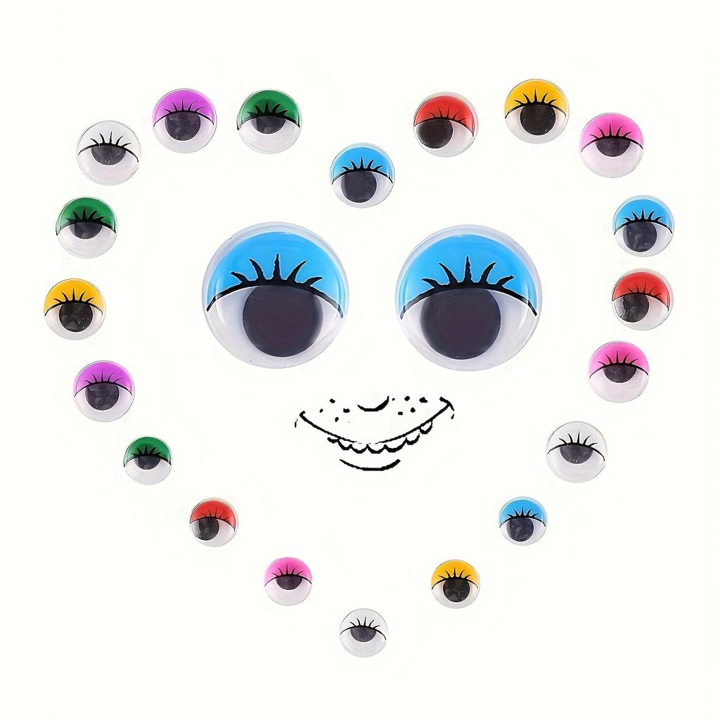100pcs Self-Adhesive Plastic Eyes with Eyelashes - Vibrant Multicolor DIY Craft Stickers for Scrapbooking, Art Projects