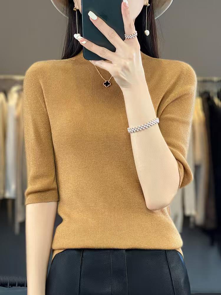 

Autumn/Winter Merino Wool Slim Fit One-Piece: Semi-High Neck, Mid-Sleeve Versatile Knitwear XXL