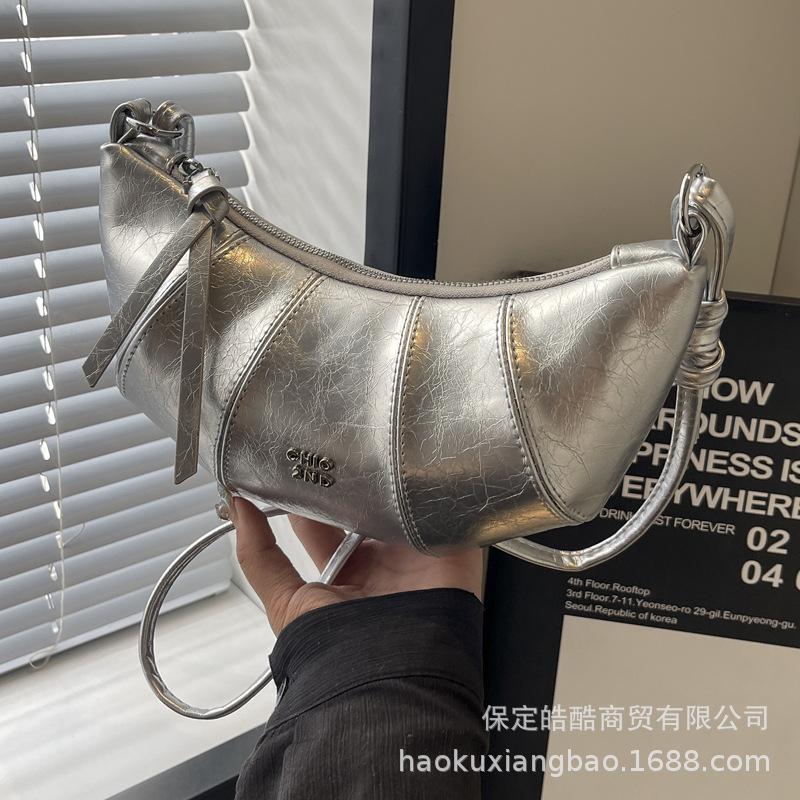 Silver bag women's 2025 new fashion dumpling bag crescent moon messenger bag niche high-end shoulder bag croissant bag