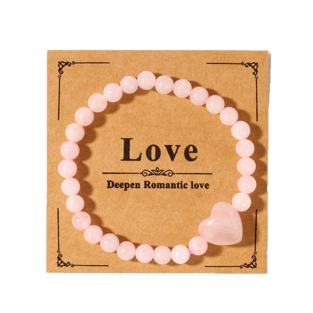 Festive Gifts Rose Quartz Beaded Bracelet With Heart Charm Sweet Fashion Jewelry For Women Daily Wear Simple Versatile Accessory