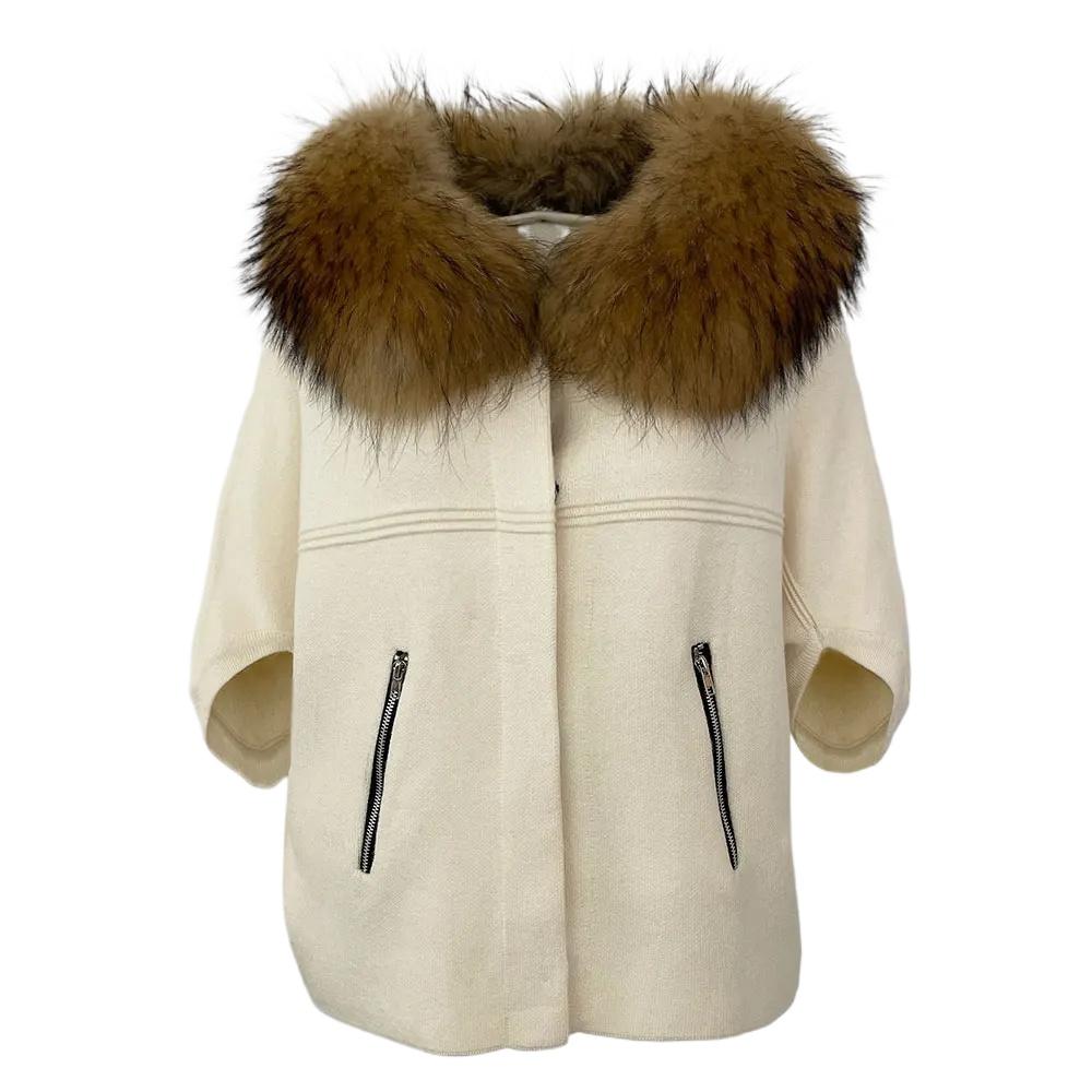 OFTBUY 2024 Herbst Winter Echt Fuchs Waschbär Pelz Kragen Mantel Gestrickte Pullover Frauen Kurzarm Jacke Dicke Warme