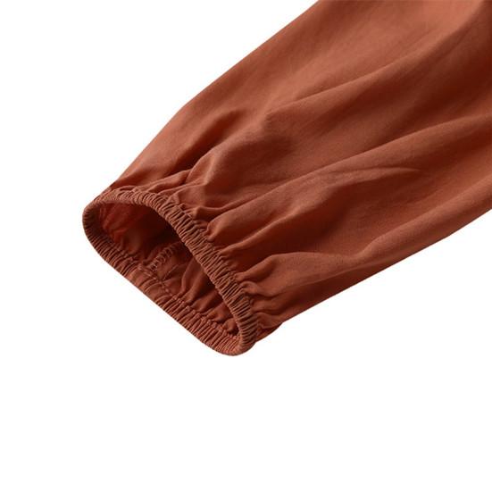 V Neck Puff Long Sleeve Waist Tight High-Waist A-Line Elegant Dress Autumn Solid