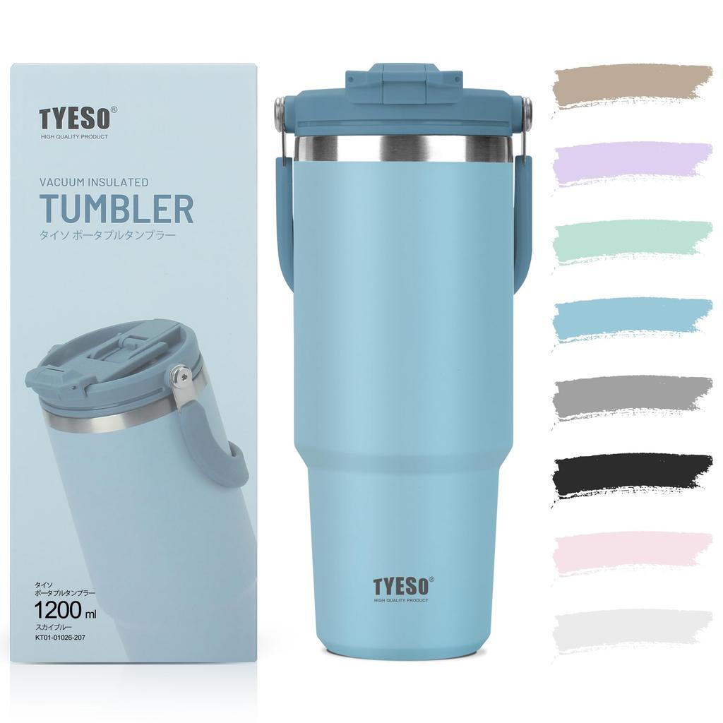 TYESO Tumbler with Straw, 1200ml Water Bottle, Insulates Cold or Hot Water, Large Capacity Stainless Steel Bottle with Lid, Spill-Proof Water Bottle,