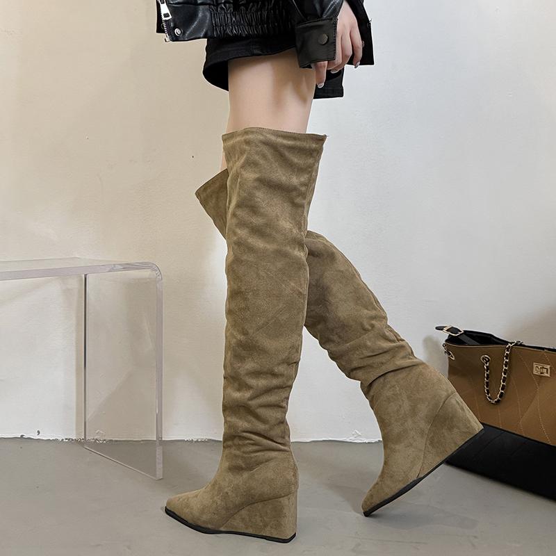 Nightclub Pointed Toe Pleated Women Over the Knee High Boots Wedges High Heels Party Shoes Winter Ladies Thigh High Booties