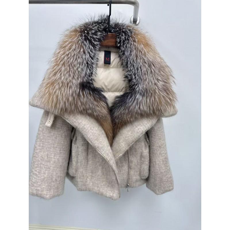 Womens 2026 Winter Goose Down Coat With Real Fox Fur Collar Loose Wool-Blend Puffer Short Jacket