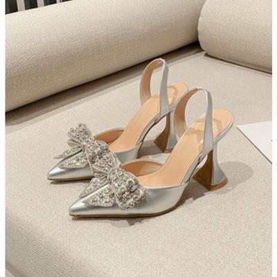 Paillettenbesetzter Kristall Schleifenknoten Damen Pumps Sexy Spitzschuh Rote Hohe Absätze Hochzeit Bankettschuhe Damen Slingback Sandale