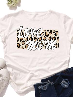 Liebe Mama Leopardenmuster T-Shirt Damen Kurzarm O-Ausschnitt Lockeres T-Shirt Sommer Damen Lässiges T-Shirt Tops Camisetas Mujer