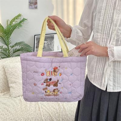 4 Herbst- und Winter-Quilting Gesteppte Baumwolle Niedliche Welpenstickerei Handtasche Einkaufstasche Bento-Tasche Handtasche Damen