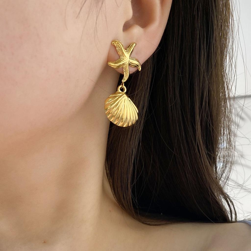 CARLIDANA Fashion Gold Plated Starfish Shell Stud Earrings Open Rings High Quality Stainless Steel Ocean Elements Jewelry Set