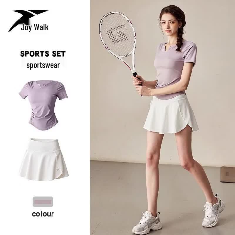 Yuebu Women's V-Neck Quick-Dry T-Shirt & Skirt Sports Set