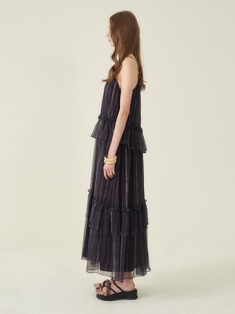CAHIERS Striped Silk Tiered Frill Sleeveless Maxi Dress