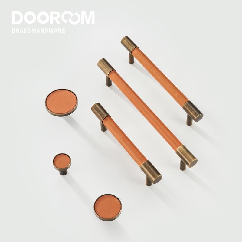 Dooroom Brass Furniture Handles Real Leather Nordic Simple Pulls Cupboard Wardrobe Dresser Shoe Box Drawer Wine Bar Cabinet Knob