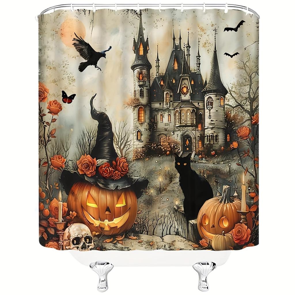 1/4Pcs Halloween Decoration Pumpkin Castle Pattern Shower Curtain Bathroom Decor Halloween Decoration Indoor Showr Curtain