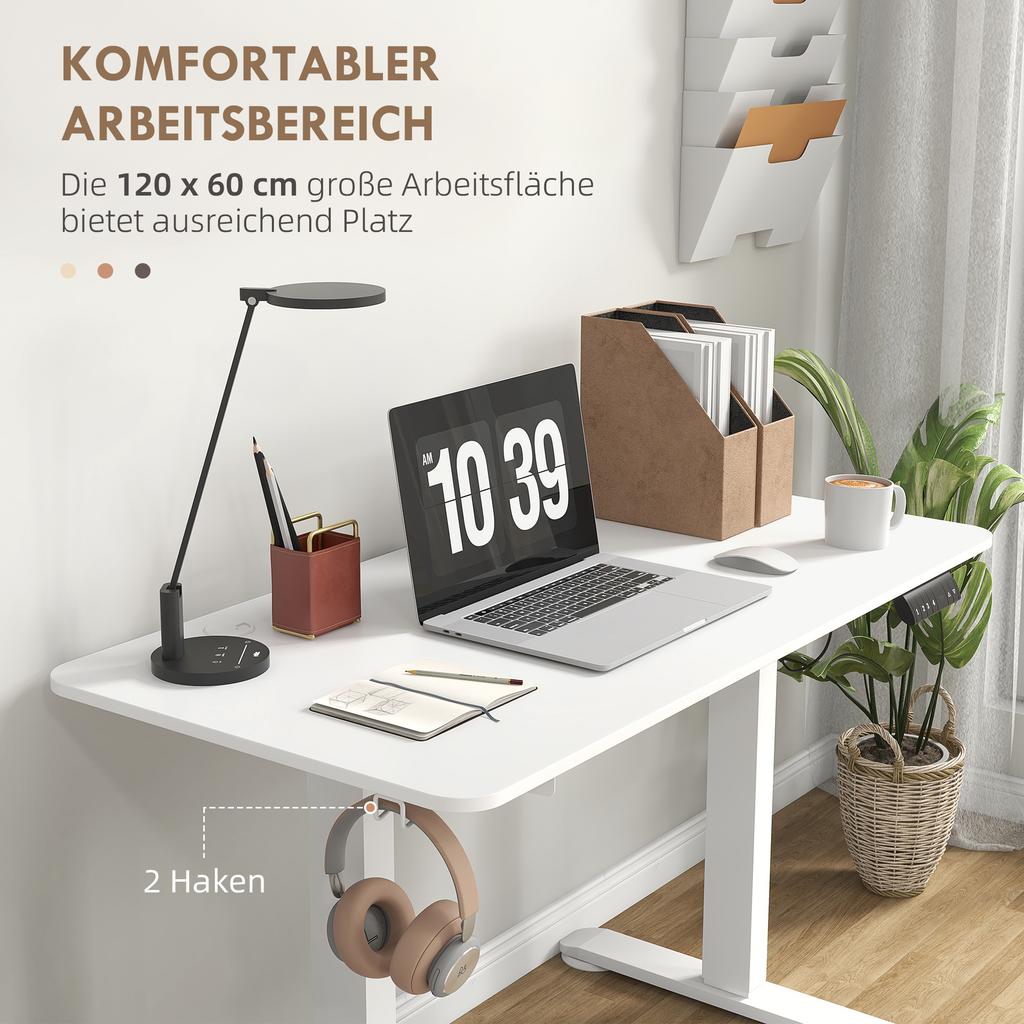 Standing Desk, Height-Adjustable, 120x60x72-116cm, White