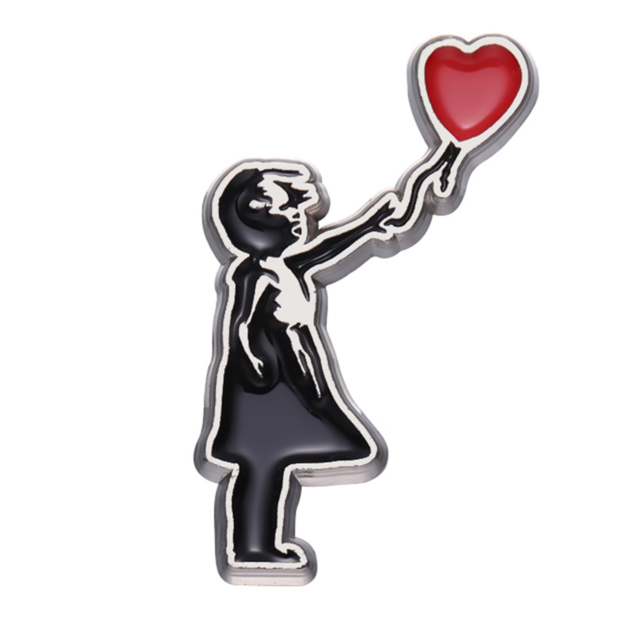 EdisonBrain Pin Badge Girl and Balloon, by an unknown artist, featuring a heart, girl, and red balloon. Pin, pin badge, girl, heart-shaped balloon,
