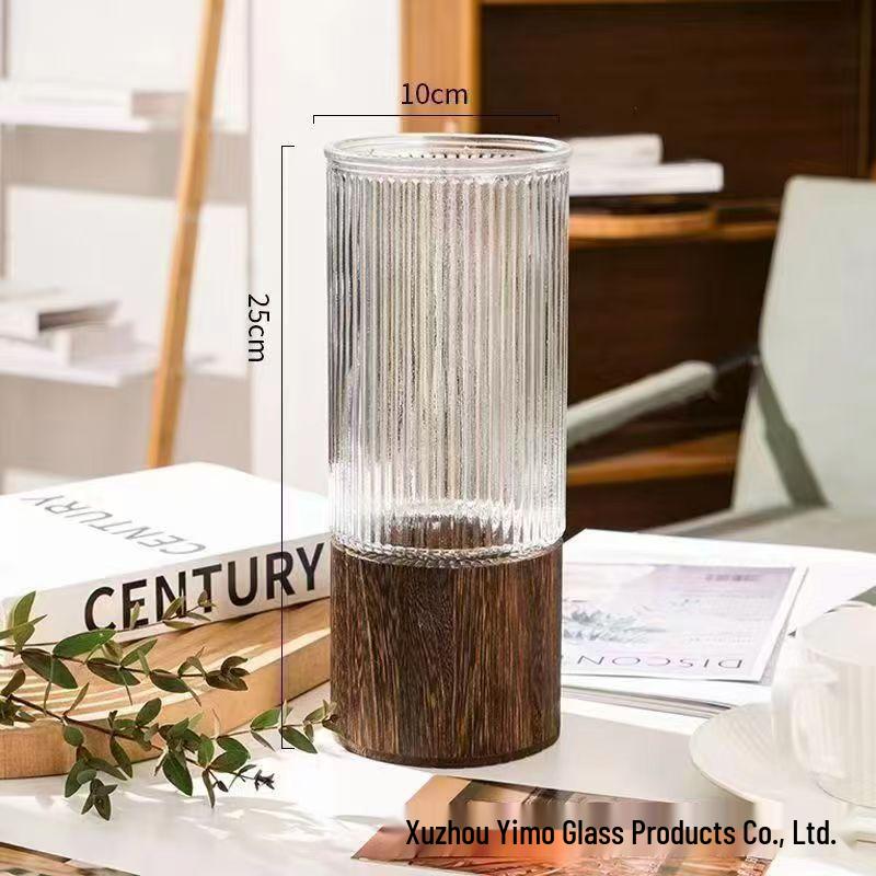 Nordic Wooden Stem Holder Glass Vase for Hydroponic Roses & Bamboo