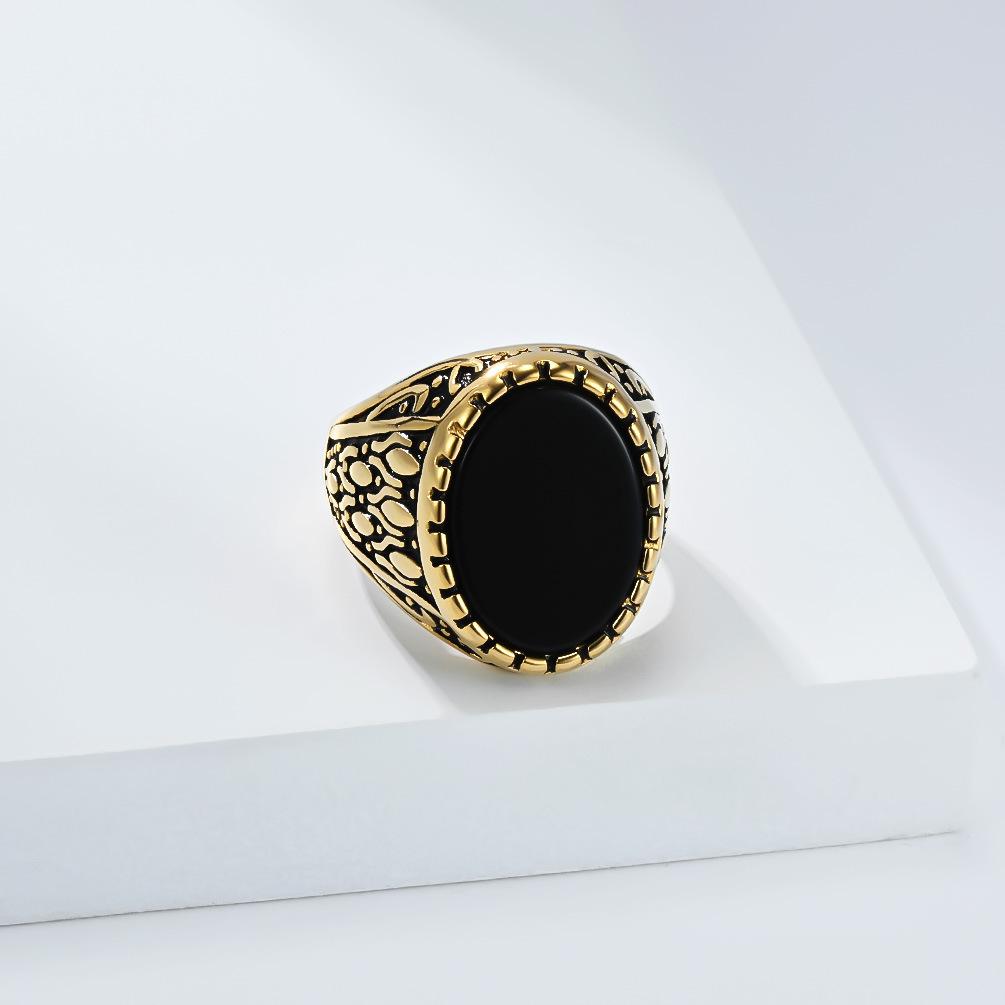 Vintage Black Onyx Gemstone Ring for Men Retro Stainless Steel Signet Rings Gold Plated Gothic Punk Streetwear Finger Jewelry