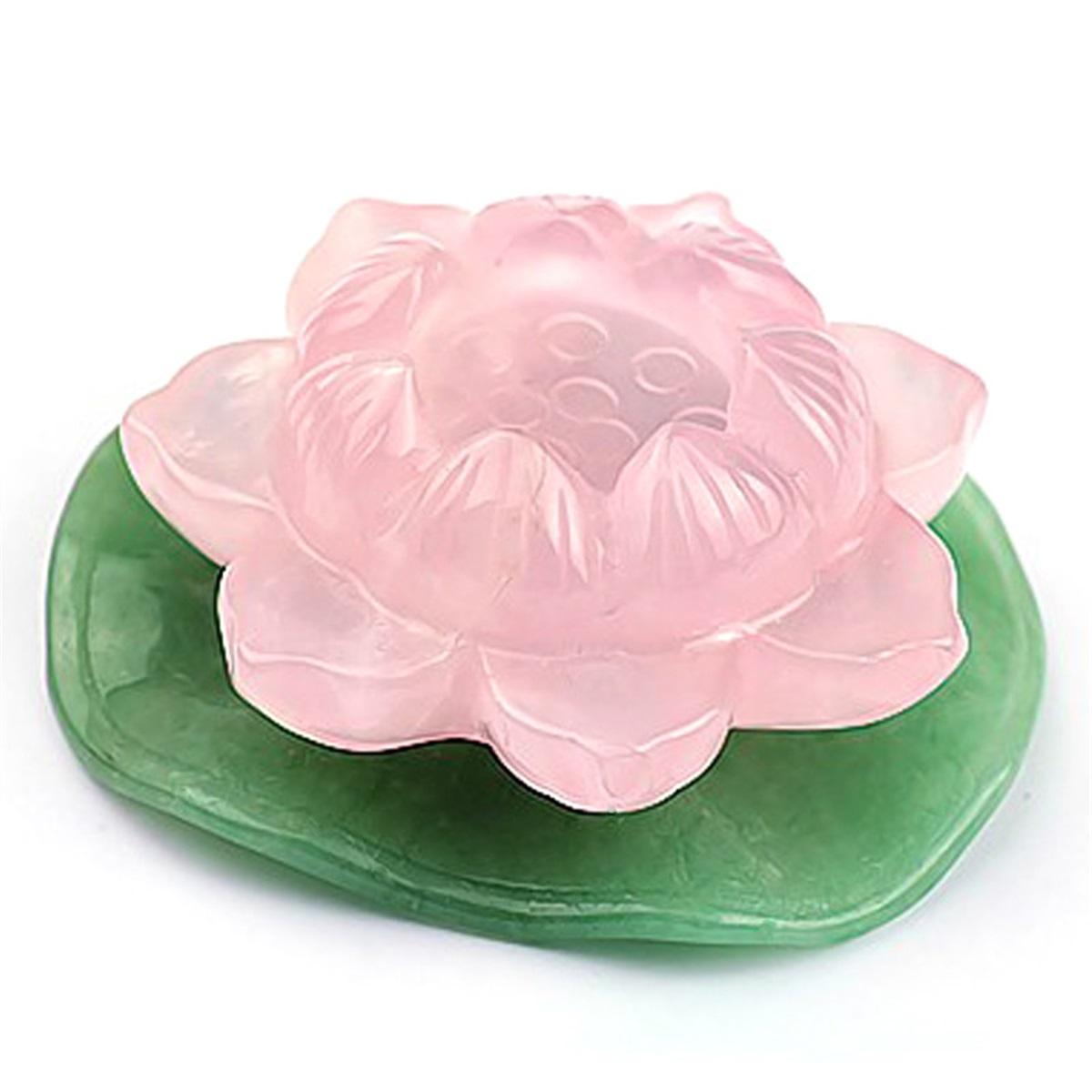 50mm Natural crystal rose quartz lotus and green jade leaf home decoration