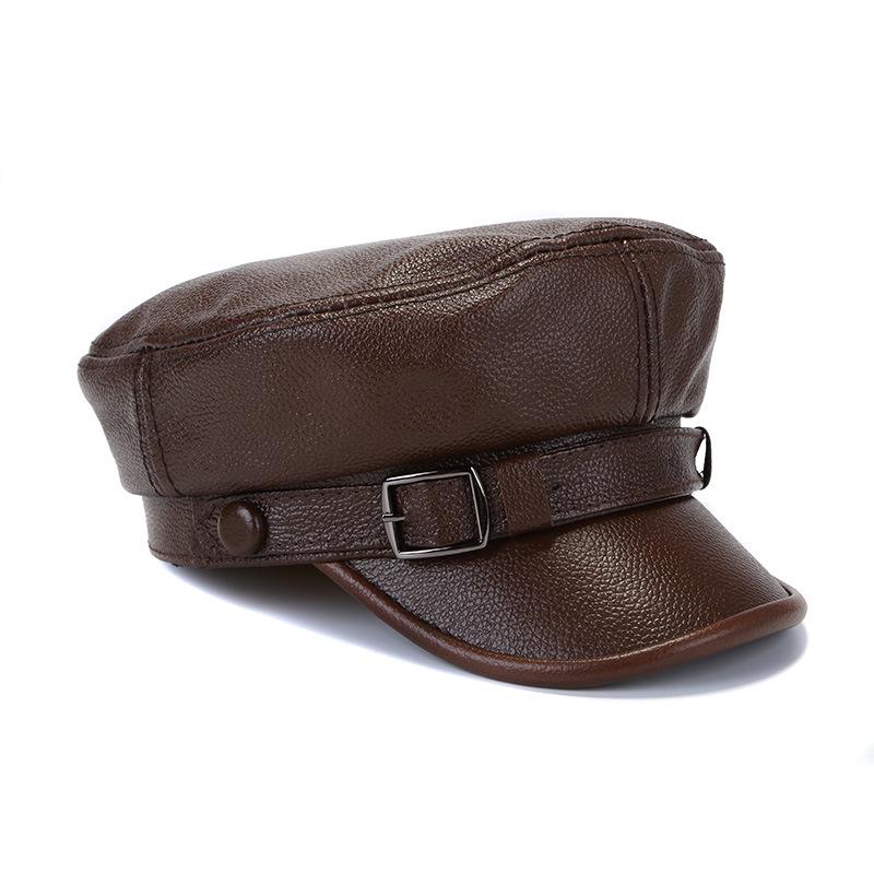 Korean Style Genuine Leather Duckbill Cap for Men & Women - Autumn/Winter Flat Top Military Biker Cap