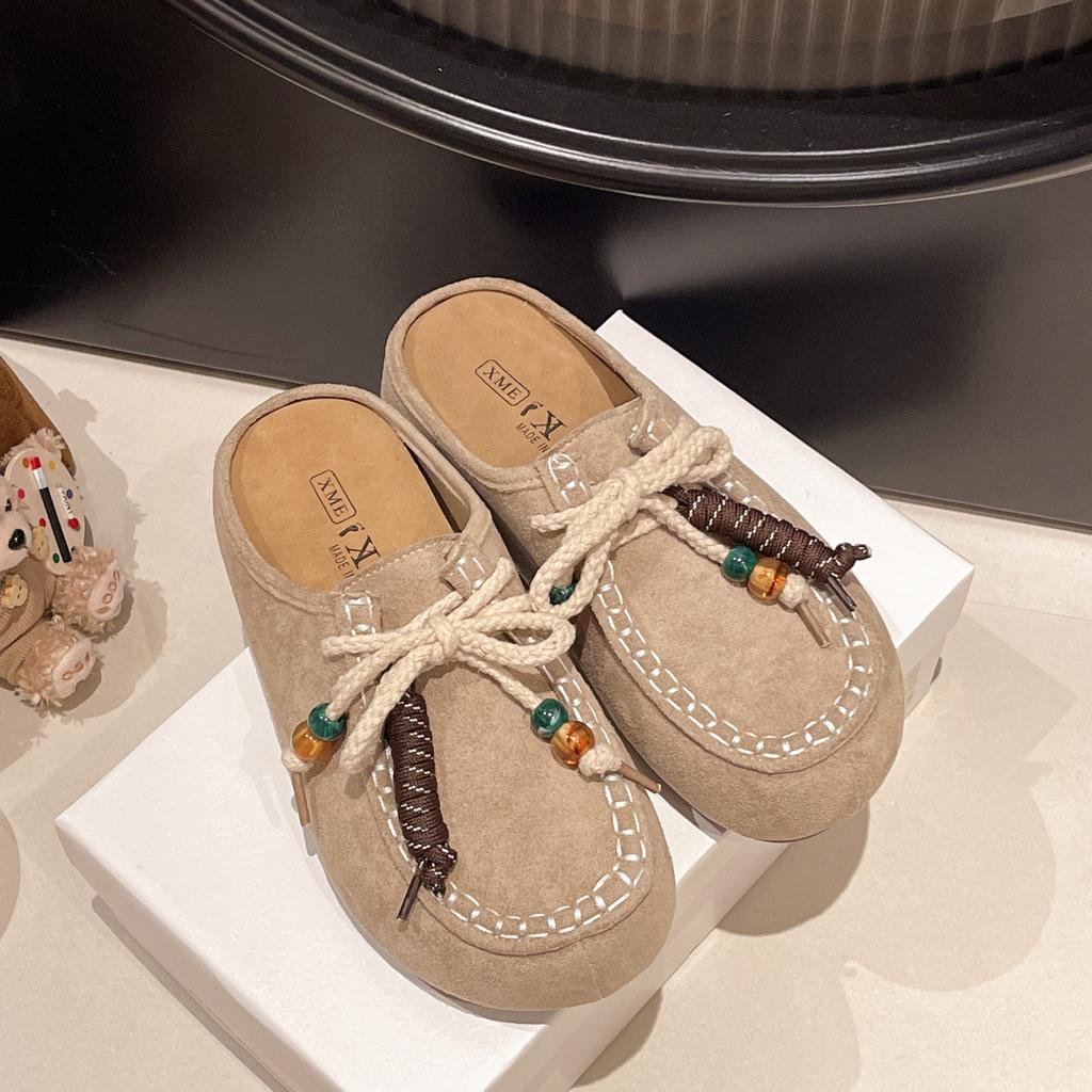 Fashion Retro Versatile Tassel Casual Shoes Women Thick Soled Slippers 2025 Autumn New Fashion Daily Internal Increase Mueller Slides