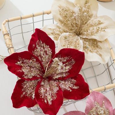 Festive Decor 20cm Artificial Christmas Flower Glitter Large Simulation Flower Velvet Realistic Sequin Floral Holiday Wedding