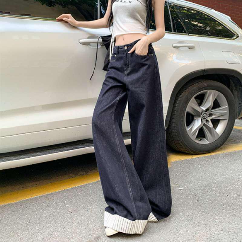 Women s Summer Retro Loose Wide-Leg Denim Pants with Stripe Patchwork Design XS
