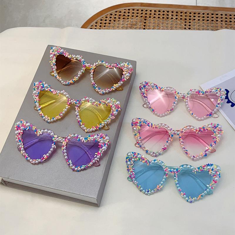 Heart Shape Sunglasses with Pearls and Sprinkles Fashion Cute Multi-color Decor Shades New Trendy Original Sun Glasses