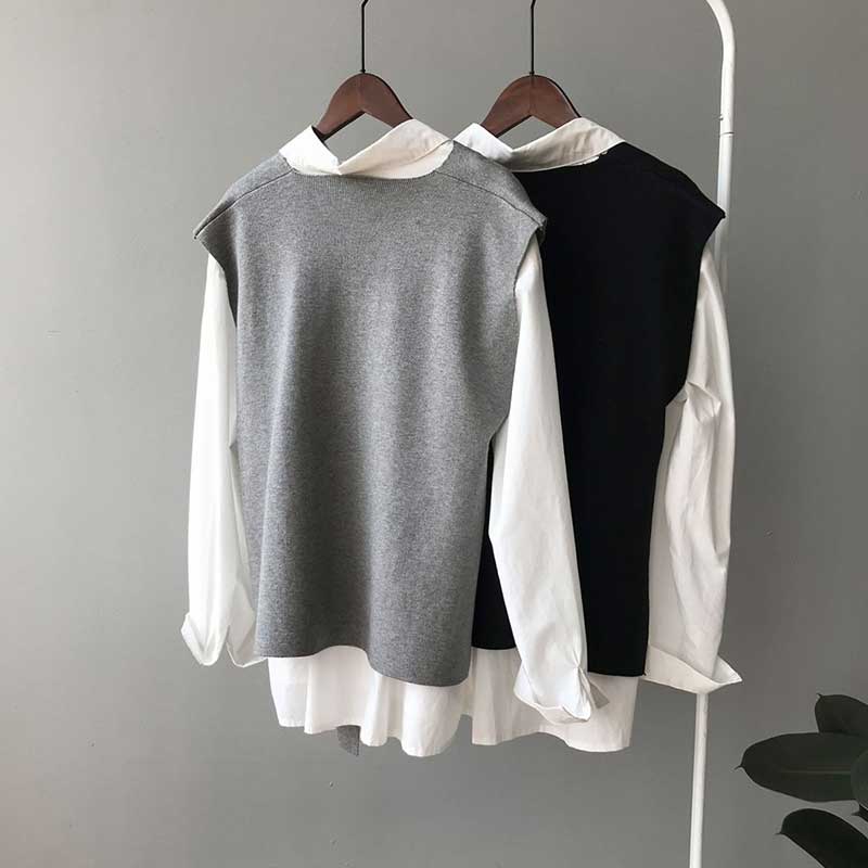 Split Hem Waist Coat with Belt Women's Autumn and Winter V-neck Knitted Vests Outer Wear Korean Version Loose Vest Women's Sleeveless Top