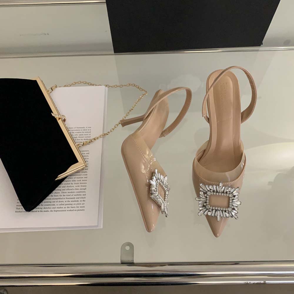 Fashion Black Beige Silver Women Sandals Pointed Toe Summer Dress Shoes Thin High Heels Rhinestone Buckle Back Strap Slides Wedding 39