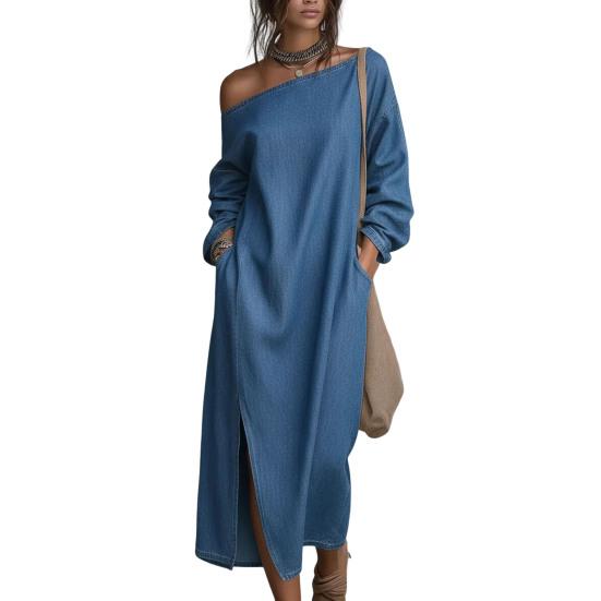 Women's One Shoulder Long Sleeve Maxi Dress, Casual Cotton Linen Long Tunic Dress, Side Slit Summer Loose Dress with Pockets