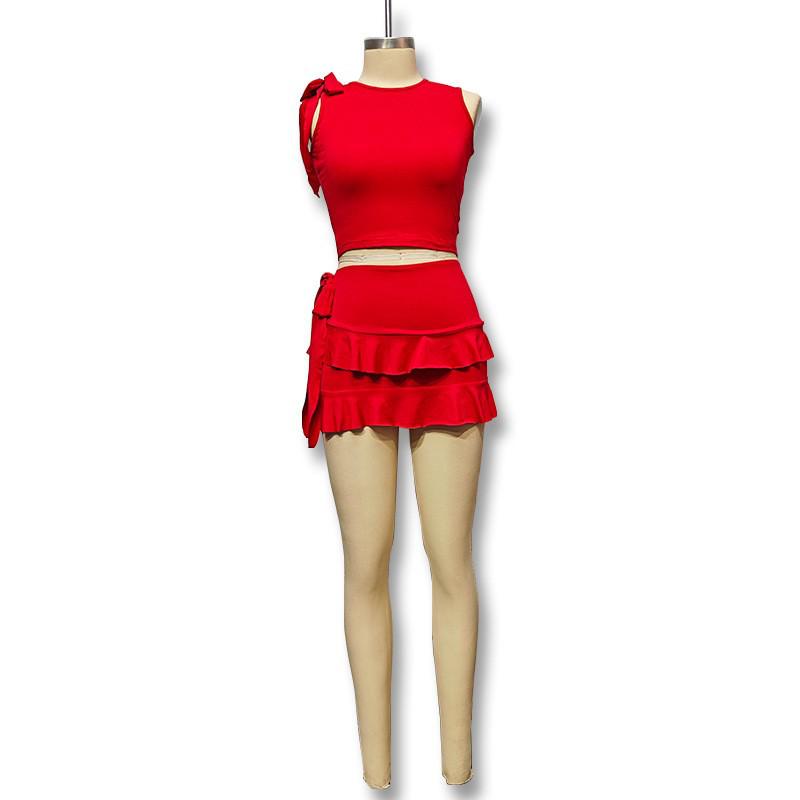 European & American Women's Two-Piece Set: Solid Color Round Neck Tank Top and Sexy Ruffle Midi Skirt.