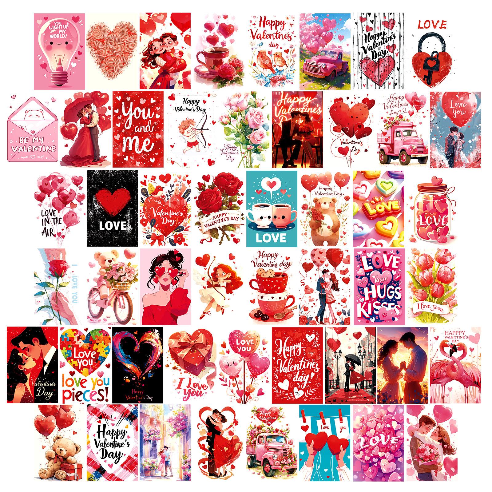 

50 настенных открыток на тему Дня святого Валентина, мультфильмы, романтика, любовь, воздушные шары, объятия, пара, декоративные открытки T01042220