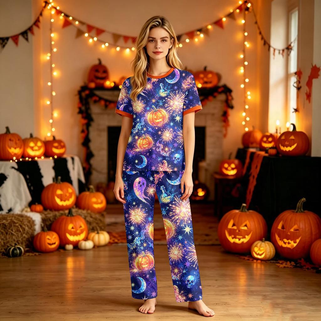 Family Matching Halloween Printed Loungewear Set Short Sleeve Top and Pajama Pants