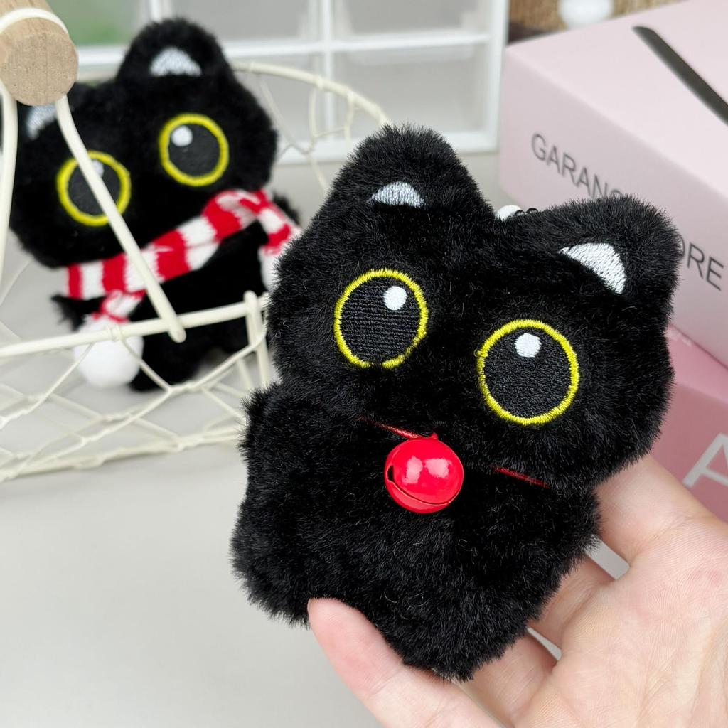 Pluszowa Piszcząca Zabawka Brelok Czarny Kot z Dużymi Oczami - Urocza Ozdoba do Torby