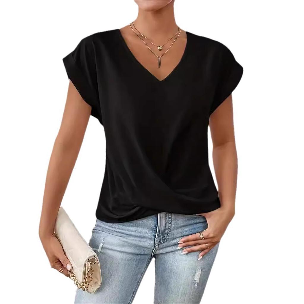 Casual Solid Color V-neck Top Elegant Short Sleeve Fashionable Versatile Tops Women’s