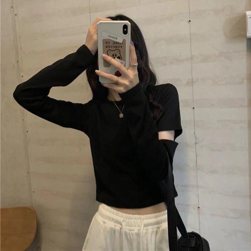 Langermede T-skjorter Kvinner Løse Hotsweet Hollow Out Crop Tops Studenter Mote Enkel All-match Våren Uformelt koreansk stil Ins