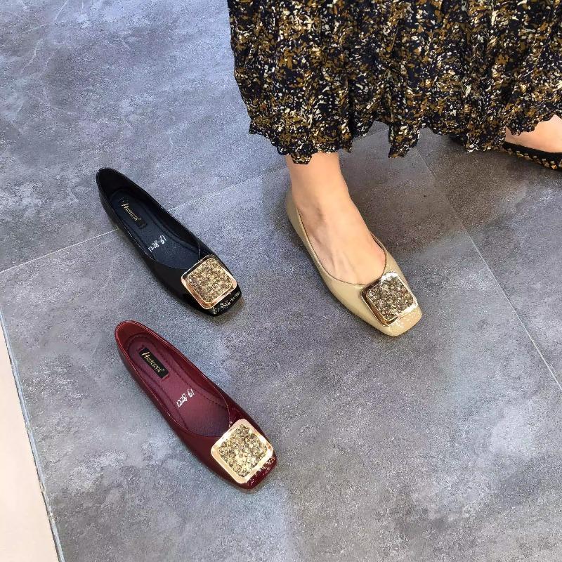 Fashion Flat Shoes for Women 2025 Spring and Autumn New Square Toe Patent Leather Rhinestone Ladies Shoes Women's Plus Size 42 43 44