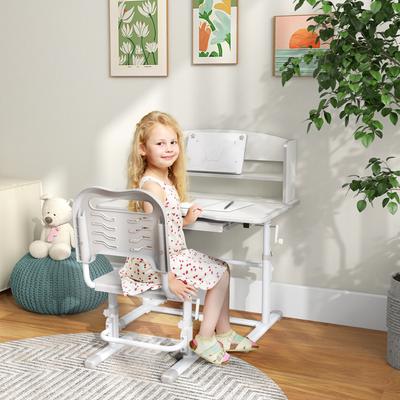 Children's Desk Set with Height-Adjustable Chair and Tiltable Top, Ages 6-12, Grey