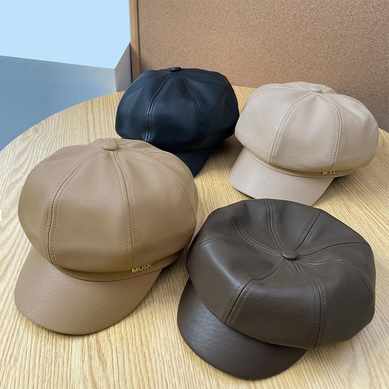 Three dimensional Leather Octagonal Hat for Women in Autumn and Winter Warm and Versatile Newsboy Hat New Large Head Circumference British Beret Hat